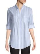 Lord And Taylor Separates Petite Striped Gauze Roll-tab Shirt
