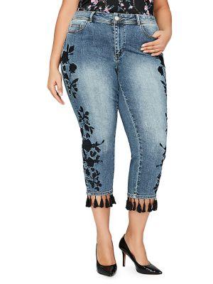 Addition Elle Love And Legend Plus Embroidered Tassel Hem Slim Cropped Jeans