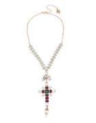 Betsey Johnson Duchess Of Betseyville Pearl And Crystal Two-tone Cross Pendant Necklace