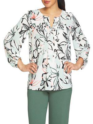 Chaus Jungle Collage Pintuck Three-quarter Blouse