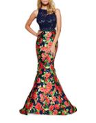 Mac Duggal Lace Floral Skirt Gown
