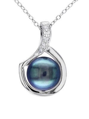 Sonatina Sterling Silver, 9-9.5mm Black Button Pearl & Diamond Pendant Necklace