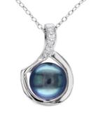 Sonatina Sterling Silver, 9-9.5mm Black Button Pearl & Diamond Pendant Necklace