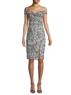 Black Halo Printed Off-the-shoulder Knee-length Dress