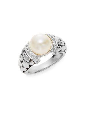 Effy 9mm Round Freshwater Pearl, White Sapphire & Sterling Silver Ring