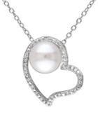 Sonatina Sterling Silver, 8-8.5mm Rice White Pearl & Diamond Pendant Necklace