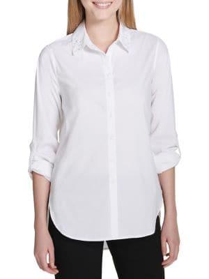 Calvin Klein Faux Pearl-embellished Poplin Button-down Shirt