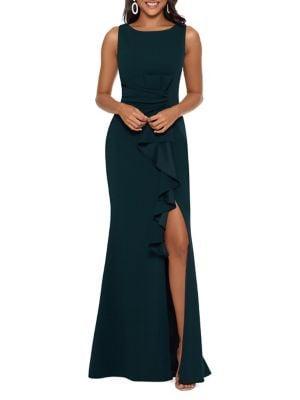 Betsy & Adam Ruched Ruffled Leg Slit Evening Gown