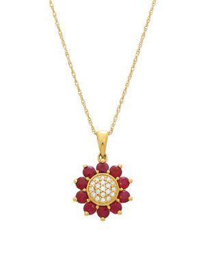 Lord & Taylor 14k Yellow Gold, Ruby & Diamond Floral Pendant Necklace