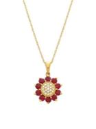 Lord & Taylor 14k Yellow Gold, Ruby & Diamond Floral Pendant Necklace