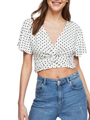 Miss Selfridge Spotted Twist Angel-sleeve Crop Top
