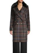 Vince Camuto Faux Fur Collar Double-breasted Plaid Coat