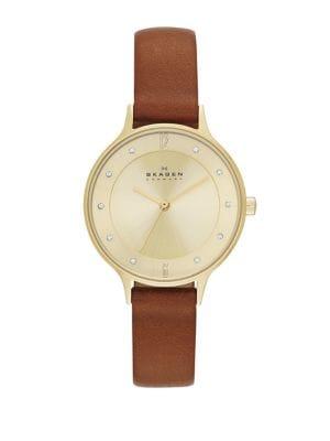 Skagen Anita Goldtone Crystal And Leather Watch