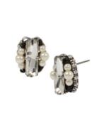 Miriam Haskell Mixed Beaded Deco Pearl & Stone Cluster Oval Button Earrings