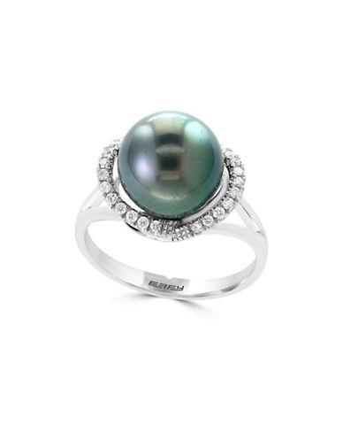 Effy 10mm Black Round Pearl, Diamond & 14k White Gold Ring