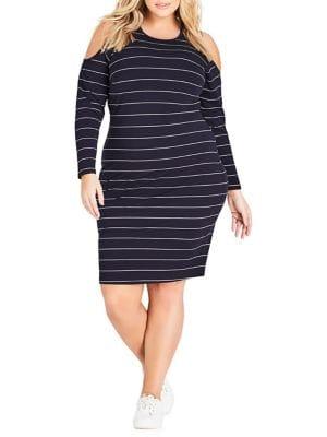 City Chic Plus Fine Striped Cold Shoulder Dress