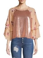 Free People Floral Sequin Bell Sleeve Top