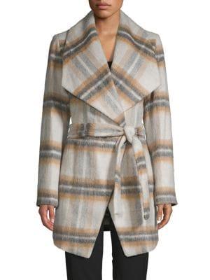 T Tahari Plaid Belted Wool-blend Coat