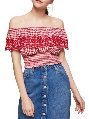 Miss Selfridge Shirred Embroidered Cotton Top