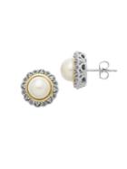 Lord & Taylor Sterling Silver And 14kt Rose Gold Pearl Earrings With Diamonds