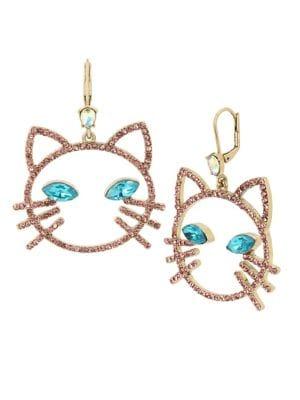 Betsey Johnson Just Kitten Pink Stone Open Cat Face Drop Earrings