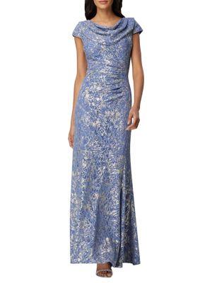 Tahari Arthur S. Levine Foil Lace Cap-sleeve Gown