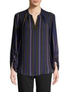T Tahari Geo-stripe Splitneck Ruched-sleeve Top