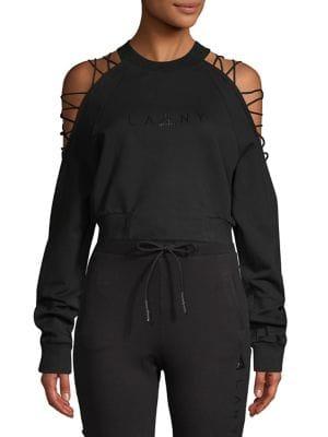 La La Anthony Lace-up Cold Shoulder Sweater