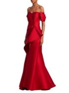 Badgley Mischka Platinum Off-the-shoulder Ruffle Gown