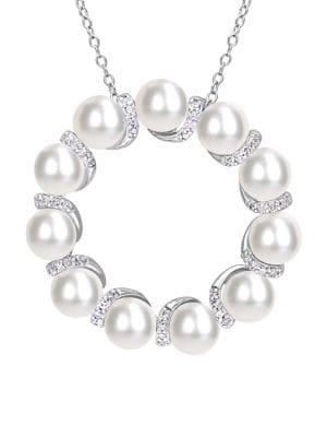 Sonatina Sterling Silver, 5-5.5mm White Pearl & Diamond Pendant Necklace