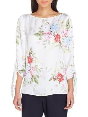 Tahari Arthur S. Levine Floral Boatneck Tied-sleeve Top