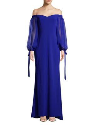 Badgley Mischka Platinum Long Sleeve Off-the-shoulder Gown