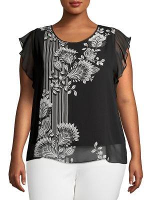 Vince Camuto Plus Floral Stripe Flutter-sleeve Top