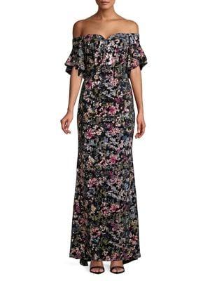 Badgley Mischka Platinum Off-the-shoulder Sequined Gown