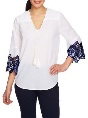 Chaus Embroidered Bell-sleeve Cotton Blouse