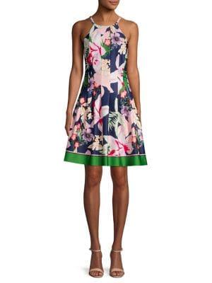 Vince Camuto Pleated Floral Border Halter Dress