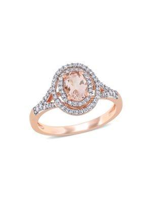 Sonatina 14k Rose Gold, Morganite And 0.25 Tcw Diamond Double-halo Ring