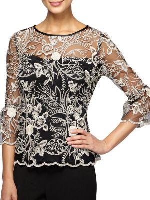 Alex Evenings Embroidered Floral Illusion Blouse