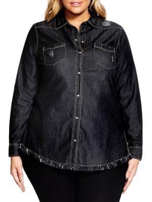 City Chic Plus Distressed Denim Button Front Shirt