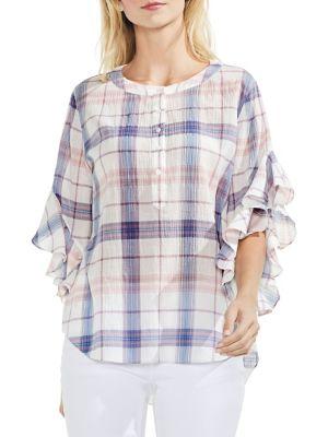 Vince Camuto Ruffle-sleeve Plaid Blouse