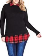 City Chic Plus Plaid-trimmed Twofer Sweater