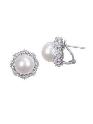 Sonatina 14k White Gold, 11-12mm White Pearl & Diamond Stud Earrings