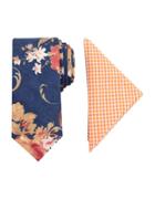 Tallia Orange Floral-print Tie & Check Pocket Square Set