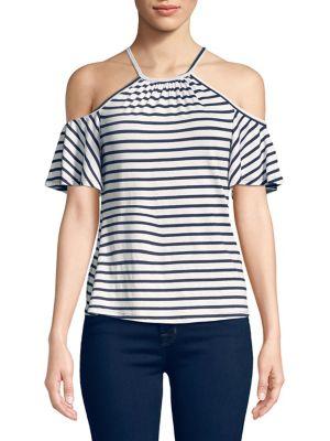 Trina Turk Crosshatch Chambray Cold-shoulder Top