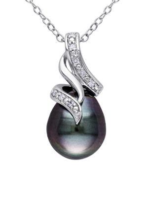 Sonatina Sterling Silver, Diamond & 9mm-9.5mm Black Drop Tahitian Pearl Swirl Necklace