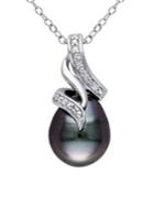 Sonatina Sterling Silver, Diamond & 9mm-9.5mm Black Drop Tahitian Pearl Swirl Necklace
