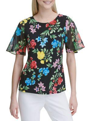 Calvin Klein Floral Flutter Sleeve Top