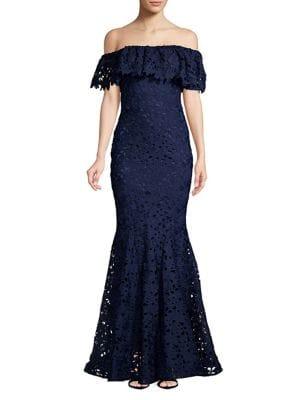 Nicole Bakti Off-the-shoulder Lace & Ruffle Gown