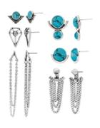 Steve Madden Six Pair Turquoise Silvertone Geometric And Chain Earrings Set