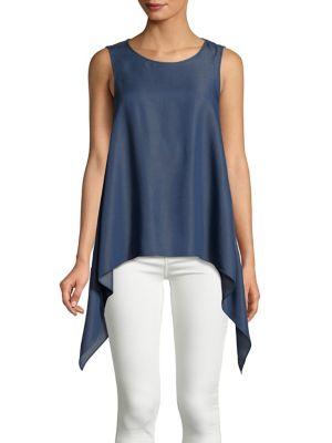 H Halston Chambray Sleeveless Shark Bite Top